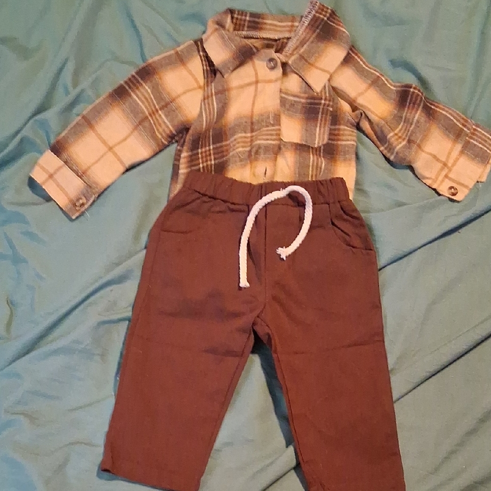 Plaid Shirt and Brown Pants Set